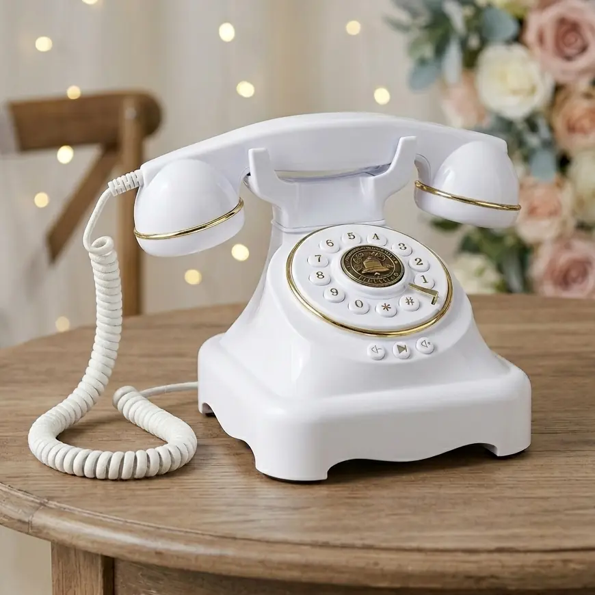Retro-Telefon als Audio-Gästebuch auf einem Holztisch