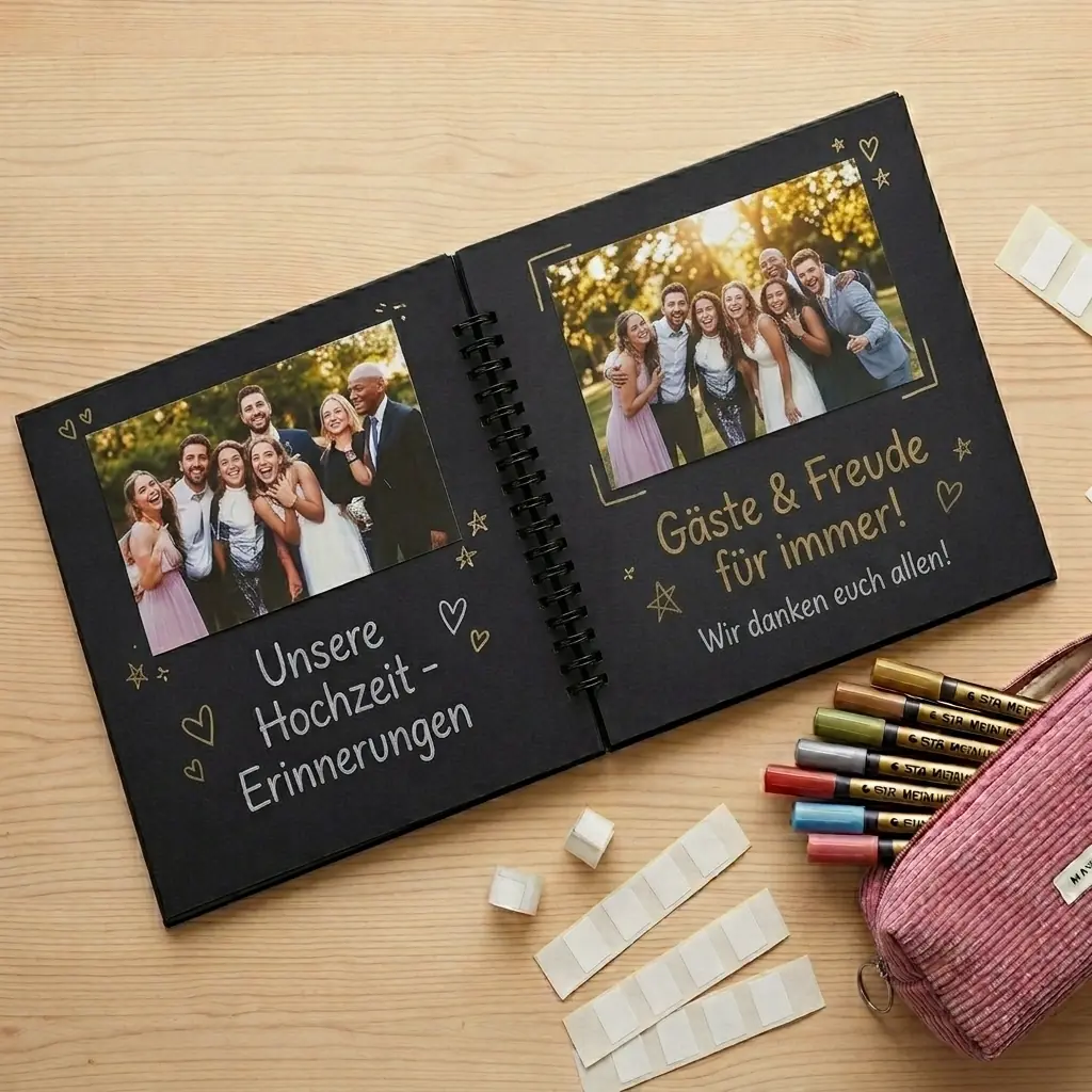 Aufgeschlagenes Foto-Gästebuch mit eingeklebten Ausdrucken, daneben Metallic-Stifte und Klebepunkte