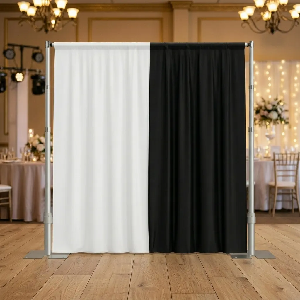 Studio-Hintergrund auf einem Ständer, links weiße, rechts schwarze Stoffbahn